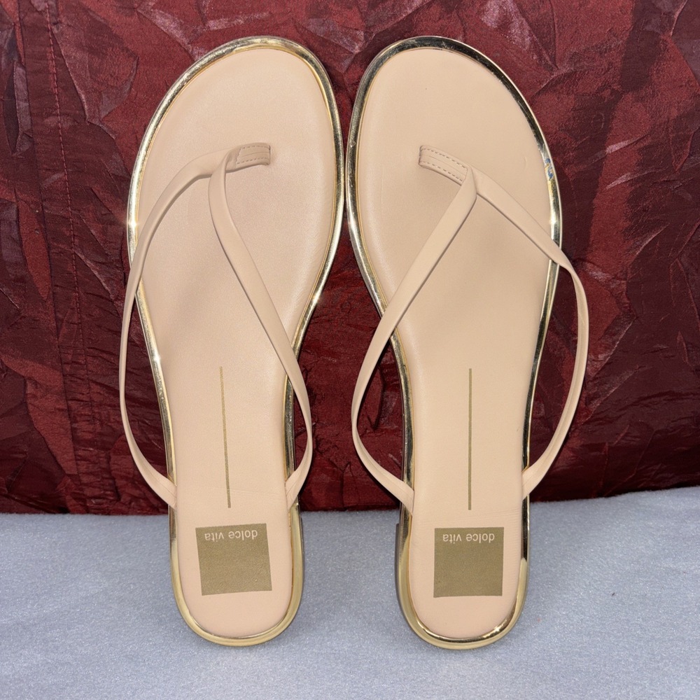 Dolce Vita Nude Thong T Strap Leather Flip Flops Gold Trim Women's 8.5 EC - Picture 7 of 16